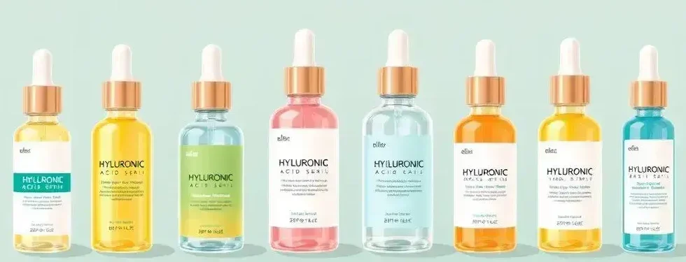 Uma ilustração mostrando a variedade de séruns com ácido hialurônico, destacando os benefícios de cada produto.